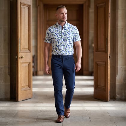 Koop Henk ter Horst 100% katoenen overhemd met korte mouw en grafische kiezelstenen print Groen voor slechts  € 79,95 bij Henk ter Horst herenmode