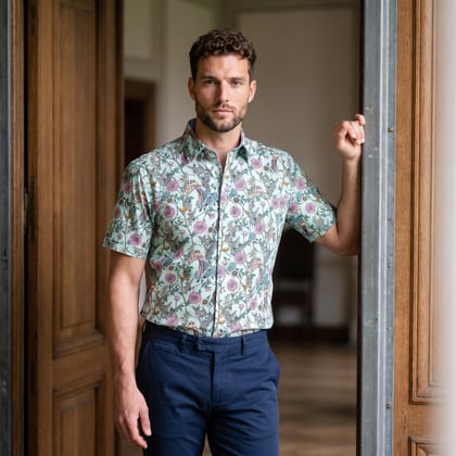 Koop Henk ter Horst 100% katoenen overhemd met korte mouw en takken bloemen vogel print Roze voor slechts  € 79,95 bij Henk ter Horst herenmode