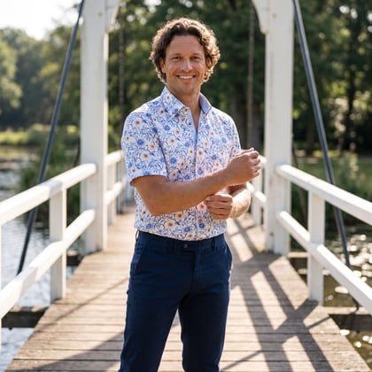 Koop Henk ter Horst 100% katoenen overhemd met korte mouw en bladeren bloemen print Blauw voor slechts  € 79,95 bij Henk ter Horst herenmode