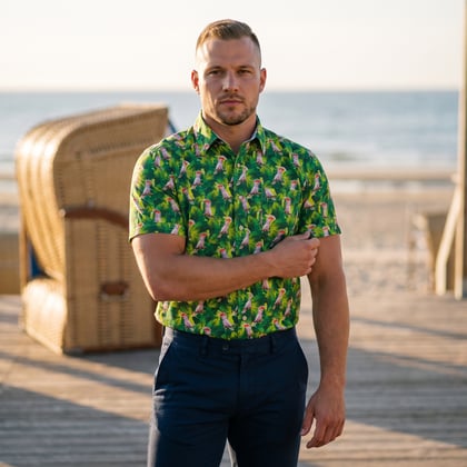 Henk ter Horst 100% katoenen overhemd met korte mouw en kaketoe bladeren print Groen
