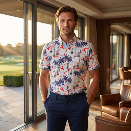 Koop Henk ter Horst 100% katoenen overhemd met korte mouw en kreeften palmbomen bootjes print Rood voor slechts  € 79,95 bij Henk ter Horst herenmode