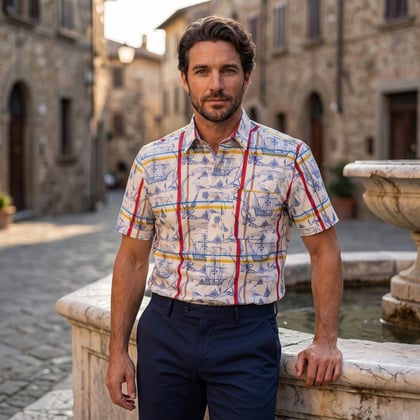 Koop Henk ter Horst 100% katoenen overhemd met korte mouw en columbus zeevaart geruite print Blauw voor slechts  € 39,95 bij Henk ter Horst herenmode