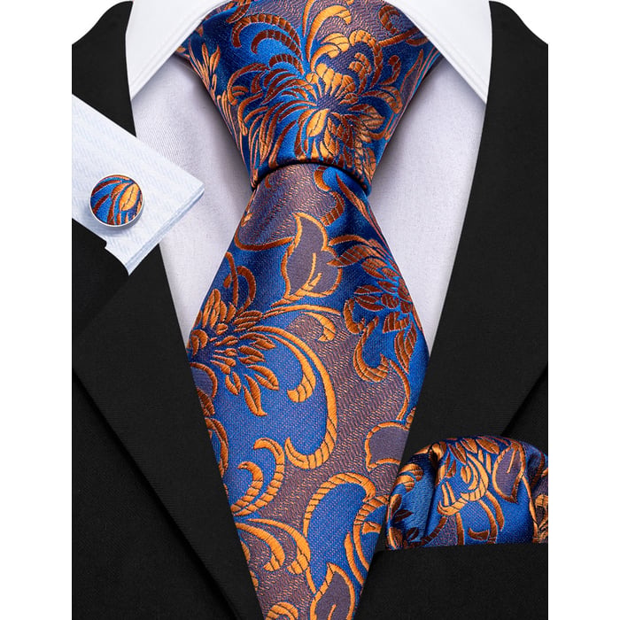 Koop Henk ter Horst stropdas zijde met manchetknopen en pochette set, floraal dessin Oranje voor slechts   bij Henk ter Horst herenmode
