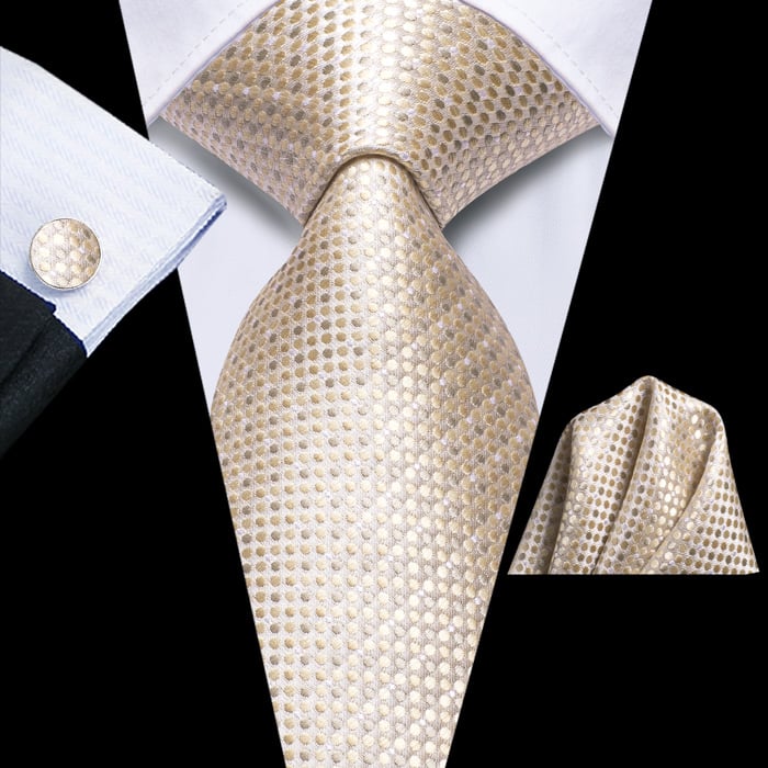 Koop Henk ter Horst stropdas zijde met manchetknopen en pochette set, stipjes Beige voor slechts  € 89,95 bij Henk ter Horst herenmode