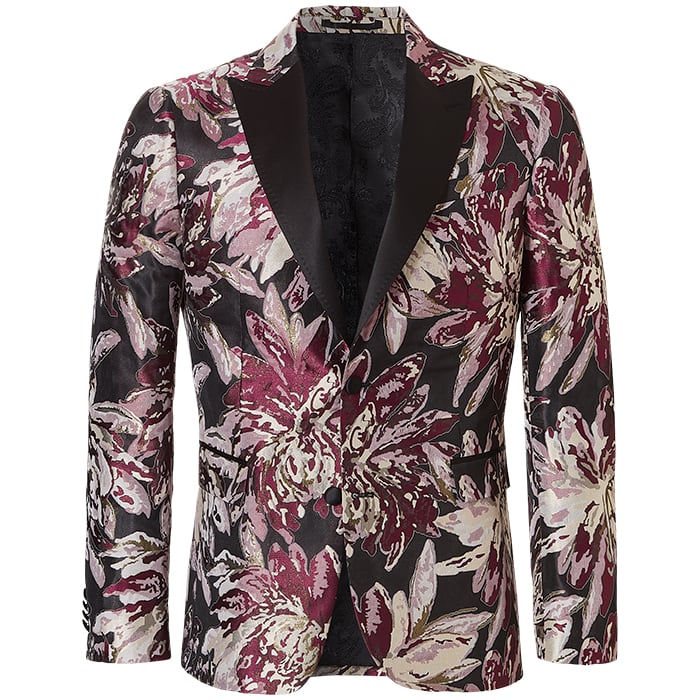 Koop Henk ter Horst Feestcolbert floraal bladeren bloemen patroon lurex iriserend glanzend glitter tuxedo jacket smokingcolbert met opgesneden revers Bordeaux voor slechts  € 132,97 bij Henk ter Horst herenmode