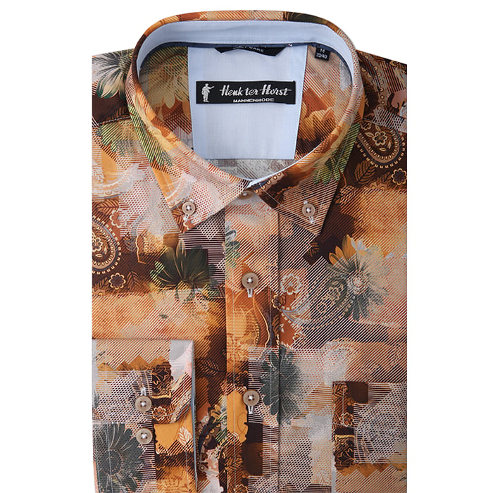Koop Henk ter Horst 100% katoenen overhemd met lange mouw en patchwork print Brique voor slechts  € 79,95 bij Henk ter Horst herenmode