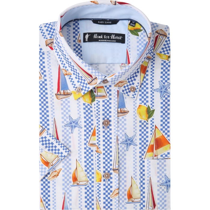 Koop Henk ter Horst 100% katoenen overhemd met korte mouw en zeilboten citroenen gestreepte print Geel voor slechts  € 79,95 bij Henk ter Horst herenmode