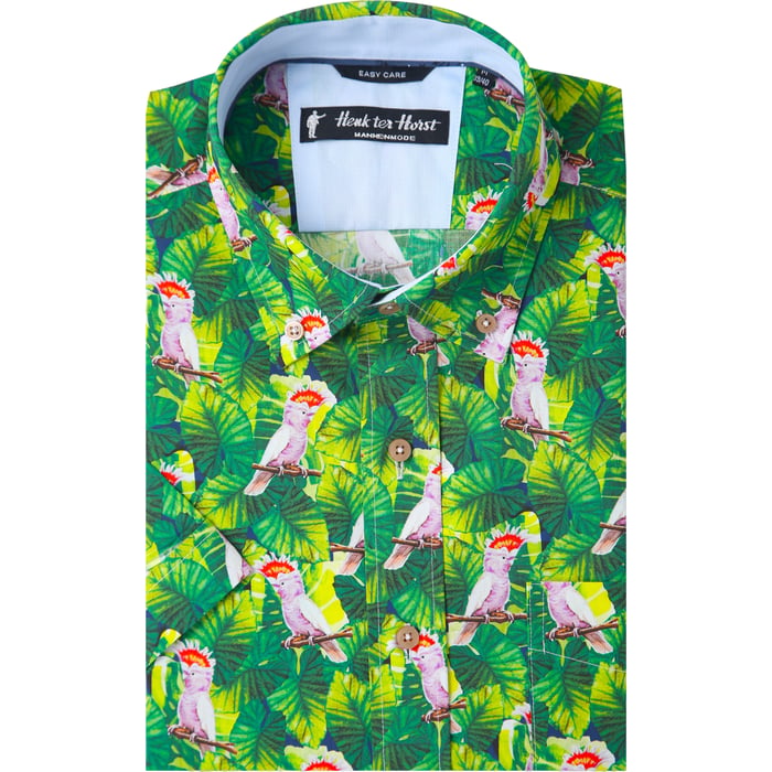 Koop Henk ter Horst 100% katoenen overhemd met korte mouw en kaketoe bladeren print Groen voor slechts  € 29,95 bij Henk ter Horst herenmode