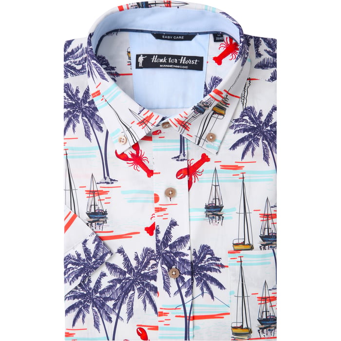 Koop Henk ter Horst 100% katoenen overhemd met korte mouw en kreeften palmbomen bootjes print Rood voor slechts  € 29,95 bij Henk ter Horst herenmode
