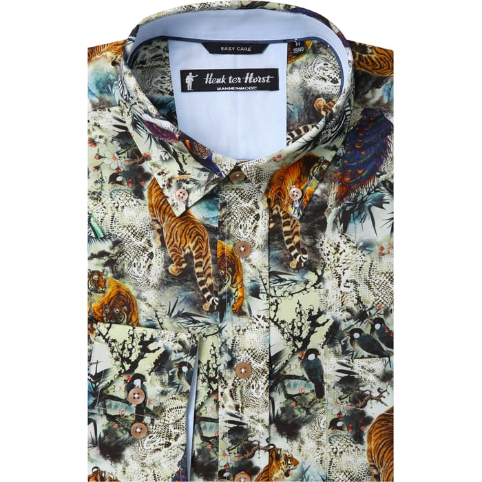Koop Henk ter Horst 100% katoenen overhemd met lange mouw en chinoiserie dierenrijk Beige voor slechts  € 49,95 bij Henk ter Horst herenmode