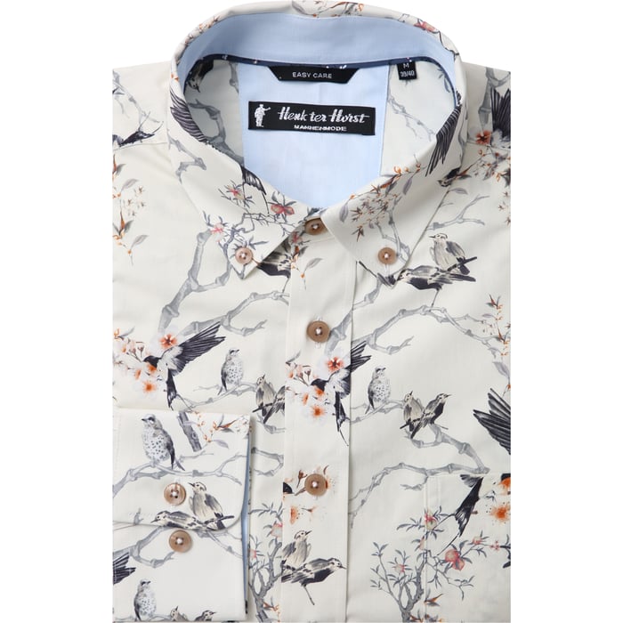 Koop Henk ter Horst 100% katoenen overhemd met lange mouw en chinoiserie zwaluwen Ivoor voor slechts  € 49,95 bij Henk ter Horst herenmode