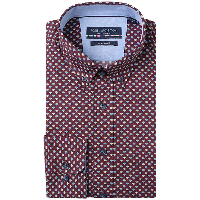 Koop R.B. Boston regular fit 100% katoen lange mouw overhemd met print Bordeaux voor slechts  € 29,95 bij Henk ter Horst herenmode