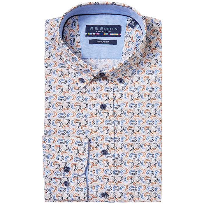 Koop R.B. Boston regular fit 100% katoen lange mouw overhemd met print Cognac voor slechts  € 29,95 bij Henk ter Horst herenmode