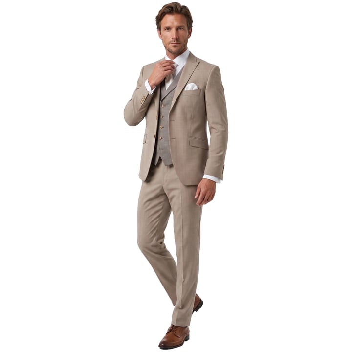 Koop Wilvorst 3-delig trouwkostuum met geruit gilet Beige voor slechts  € 849,95 bij Henk ter Horst herenmode