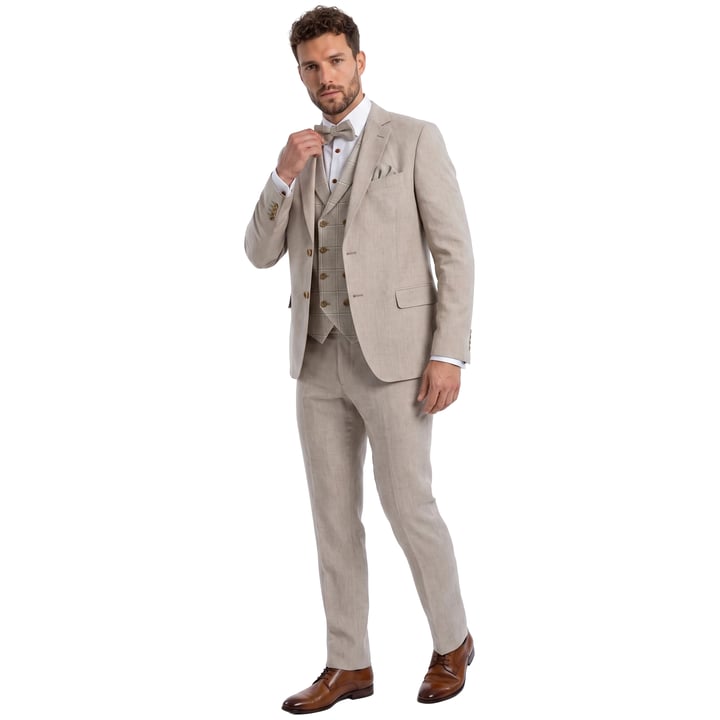 Koop Atelier Torino 3-delig linnen kostuum met geruit gilet Beige voor slechts  € 664,97 bij Henk ter Horst herenmode