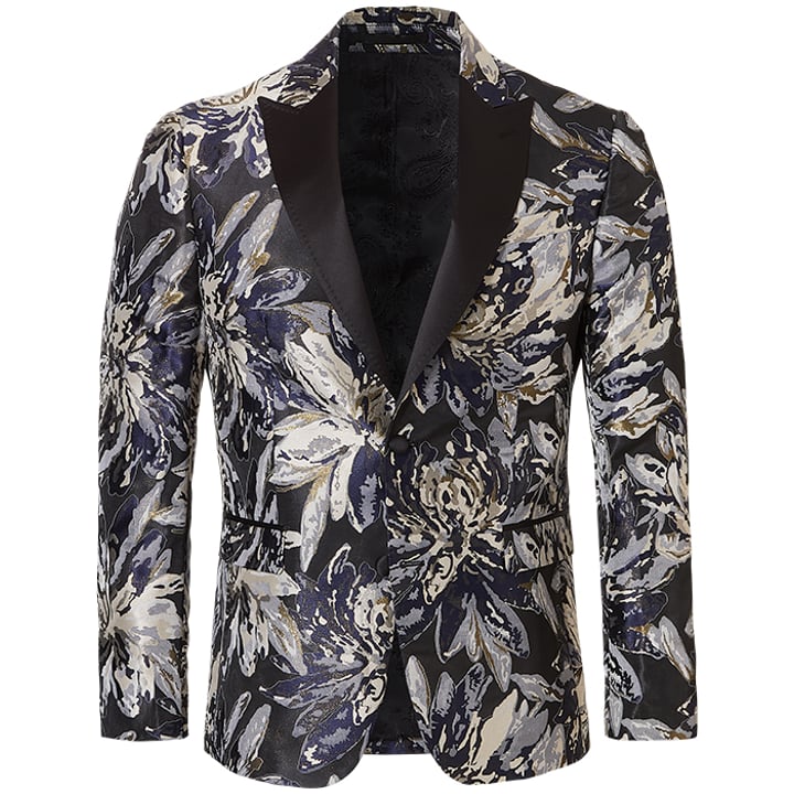 Henk ter Horst Feestcolbert floraal bladeren bloemen patroon lurex iriserend glanzend glitter tuxedo jacket smokingcolbert met opgesneden revers Blauw