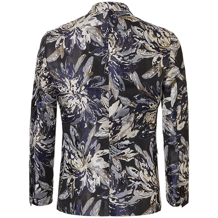 Henk ter Horst Feestcolbert floraal bladeren bloemen patroon lurex iriserend glanzend glitter tuxedo jacket smokingcolbert met opgesneden revers Blauw
