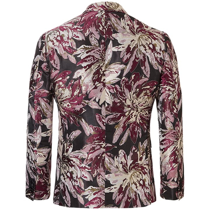 Henk ter Horst Feestcolbert floraal bladeren bloemen patroon lurex iriserend glanzend glitter tuxedo jacket smokingcolbert met opgesneden revers Bordeaux