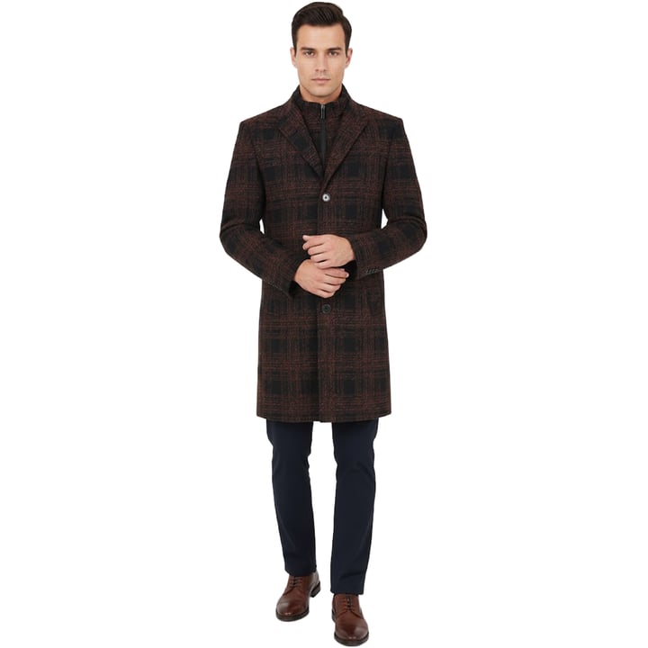 Henk ter Horst wintermantel met uitneembare stormflap, geruit Cognac