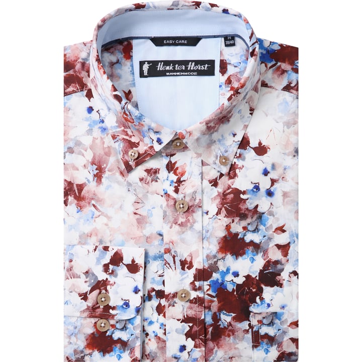 Koop Henk ter Horst 100% katoenen overhemd met lange mouw en aquarel bloemen Roodbruin voor slechts  € 79,95 bij Henk ter Horst herenmode