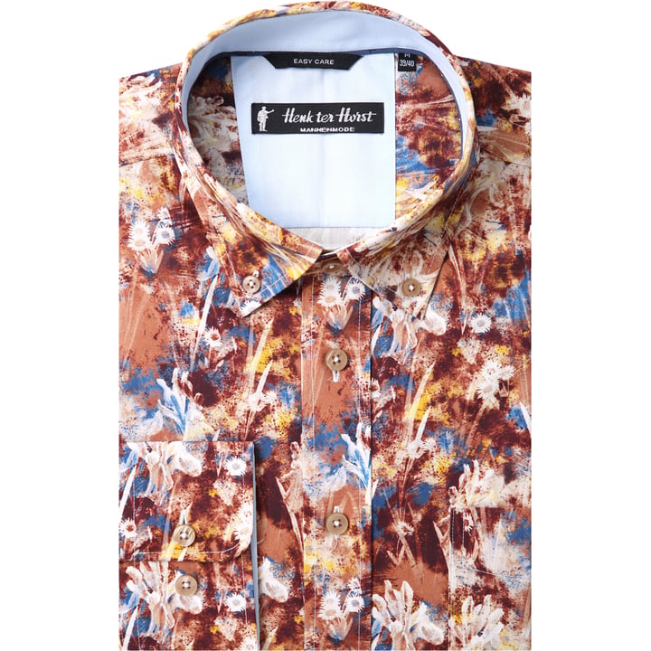 Koop Henk ter Horst 100% katoenen overhemd met lange mouw en aquarel bloemen iris Bruin voor slechts  € 79,95 bij Henk ter Horst herenmode
