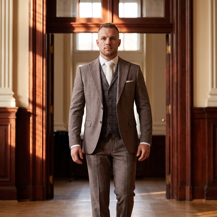 Koop Wilvorst Green Wedding trouwkostuum met geruit gilet gemêleerd Taupe voor slechts  € 849,95 bij Henk ter Horst herenmode