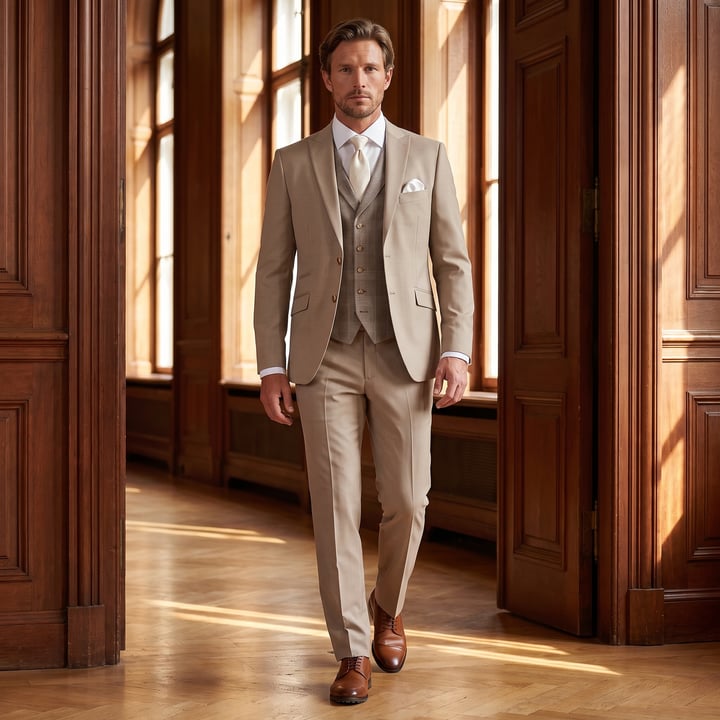 Koop Wilvorst 3-delig trouwkostuum met geruit gilet Beige voor slechts  € 849,95 bij Henk ter Horst herenmode