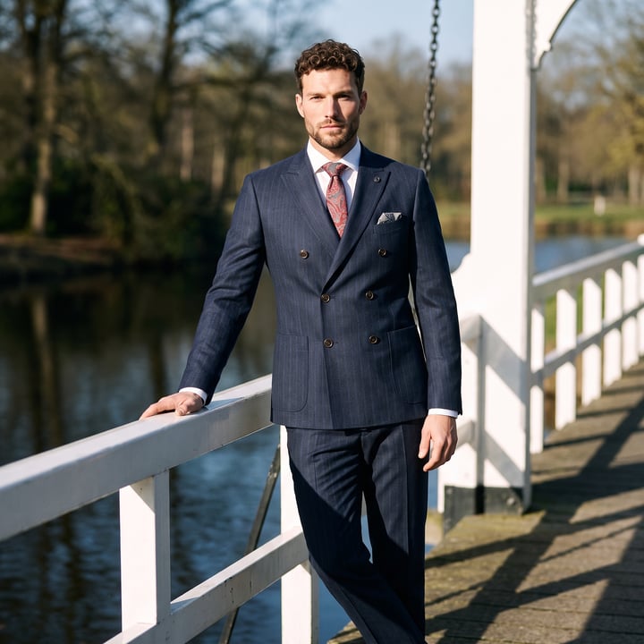 Koop Henk ter Horst 2-delig superstretch double breasted streepkostuum Blauw voor slechts  € 289,95 bij Henk ter Horst herenmode