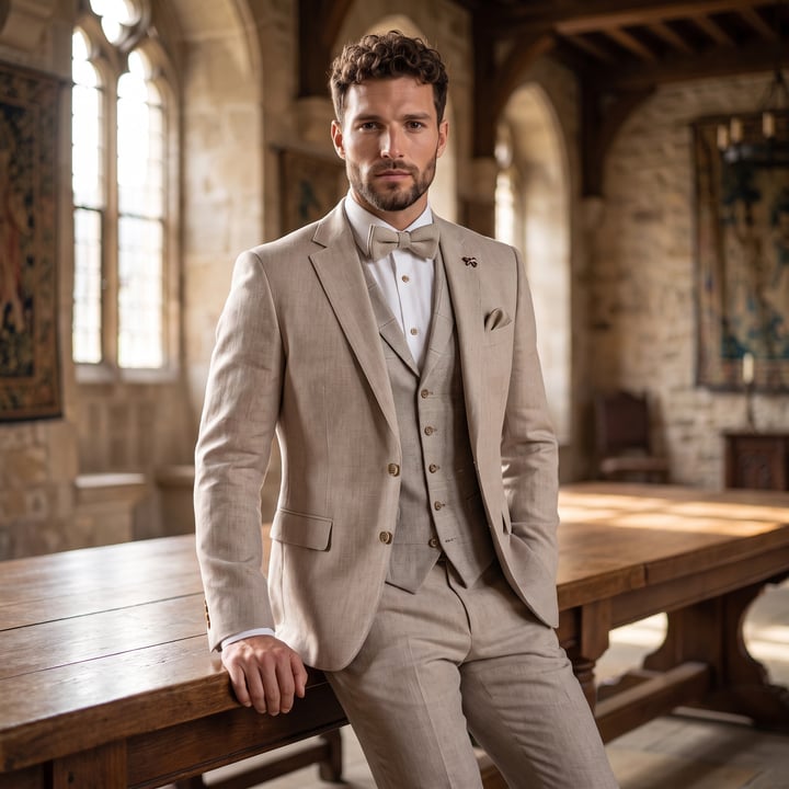 Koop Atelier Torino 3-delig linnen kostuum met geruit gilet Beige voor slechts  € 664,97 bij Henk ter Horst herenmode