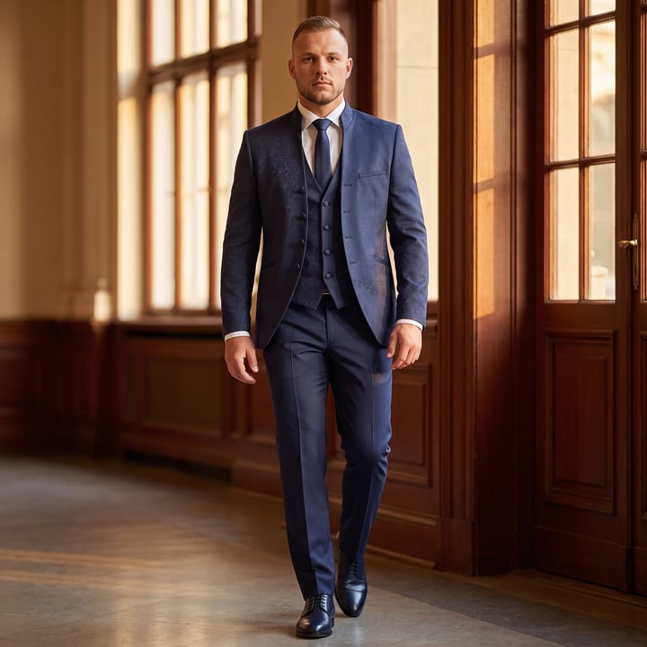 Koop Tziacco 3-delig baroque floraal jacquard geweven uniek trouwkostuum Donkerblauw voor slechts  € 899,95 bij Henk ter Horst herenmode