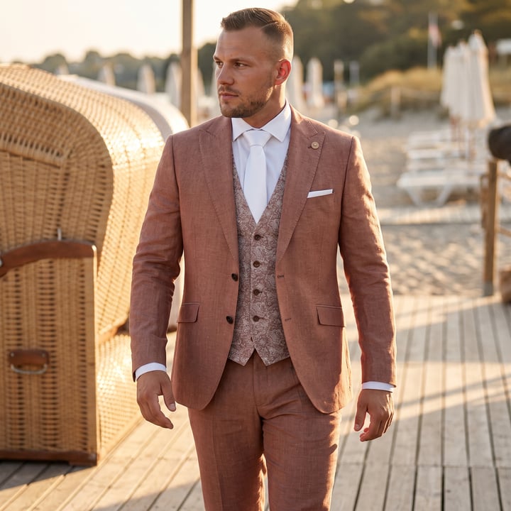 Koop Wilvorst 3-delig Green Wedding trouwkostuum gemeleerd linnen katoen Roodbruin voor slechts  € 699,95 bij Henk ter Horst herenmode