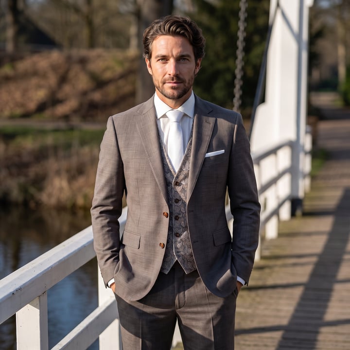 Koop Wilvorst 3-delig trouwkostuum gemeleerd scheerwol Bruin voor slechts  € 699,95 bij Henk ter Horst herenmode