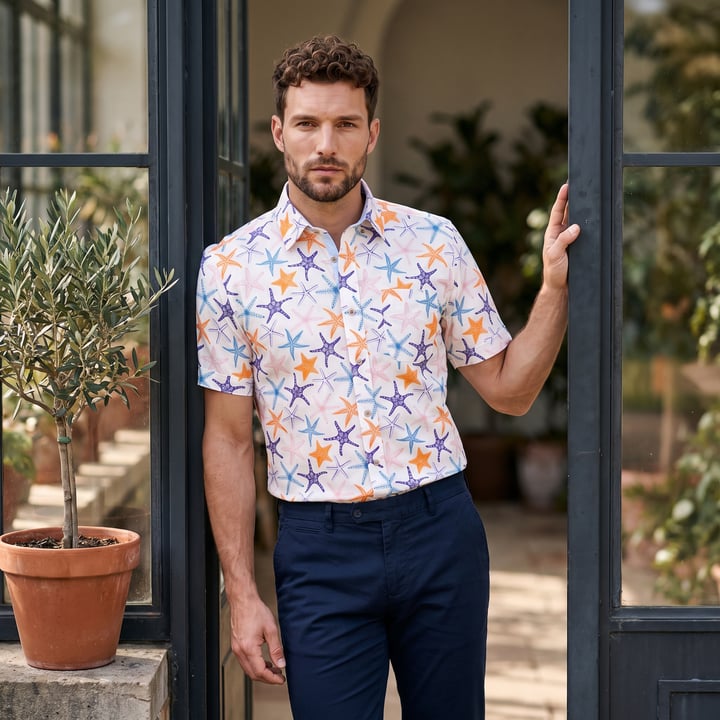Koop Henk ter Horst 100% katoenen overhemd met korte mouw en zeesterren print Zalm voor slechts  € 79,95 bij Henk ter Horst herenmode