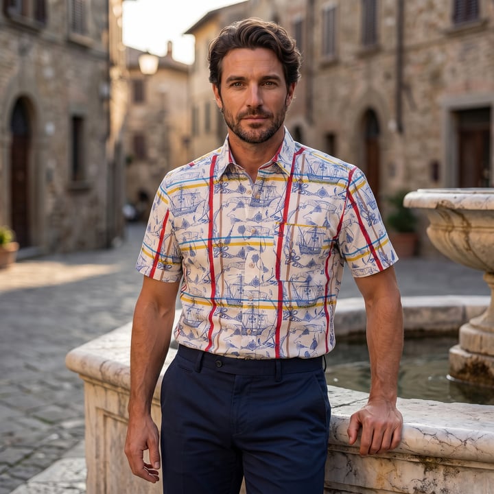 Koop Henk ter Horst 100% katoenen overhemd met korte mouw en columbus zeevaart geruite print Blauw voor slechts  € 39,95 bij Henk ter Horst herenmode