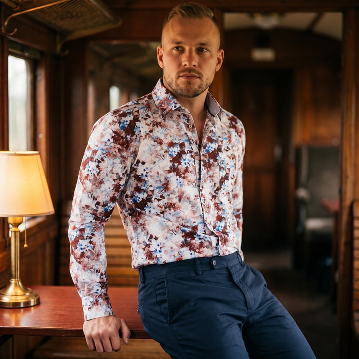Koop Henk ter Horst 100% katoenen overhemd met lange mouw en aquarel bloemen Roodbruin voor slechts  € 79,95 bij Henk ter Horst herenmode