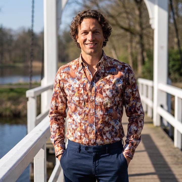 Koop Henk ter Horst 100% katoenen overhemd met lange mouw en aquarel bloemen iris Bruin voor slechts  € 79,95 bij Henk ter Horst herenmode